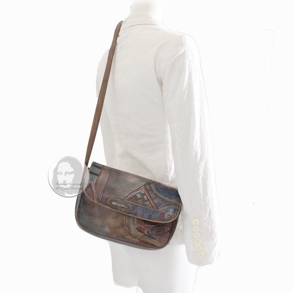 Jane Yoo Bag Crossbody Distressed Leather Handpainted Wearable Art Flap Bag - Picture 4 of 9